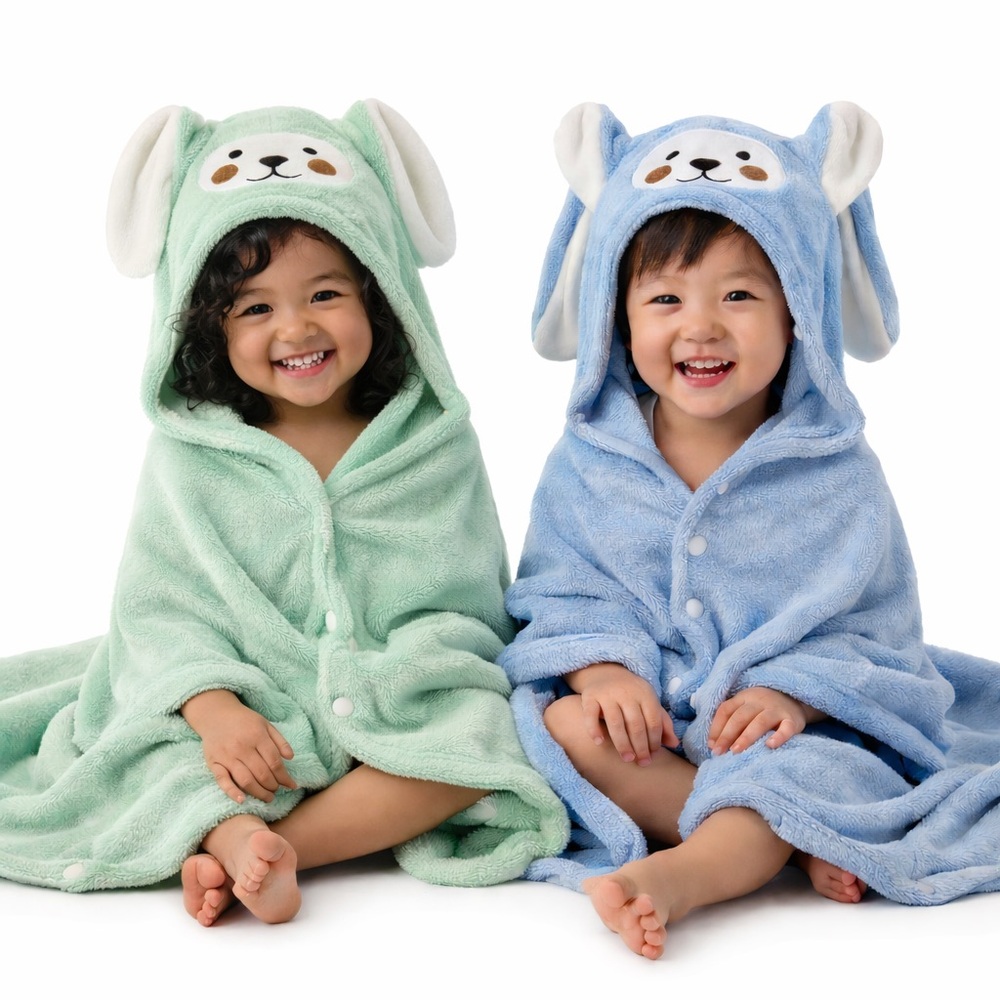 Cozy Kids Wrap Towels with Bunny Ears - Green and Blue